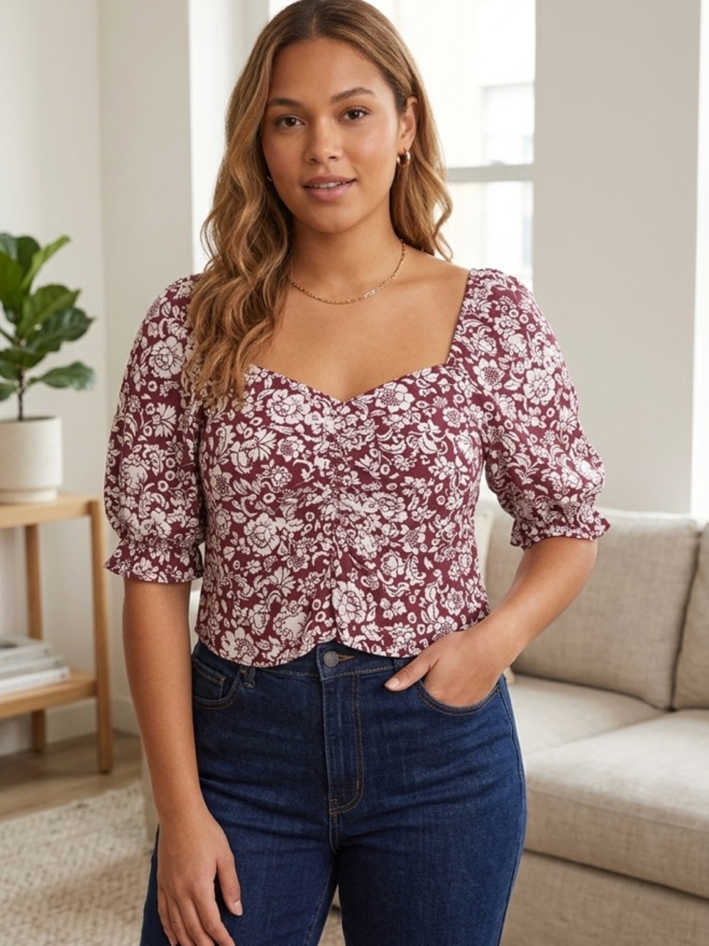 No Frills Floral Puff Sleeve Top - Burgundy and White